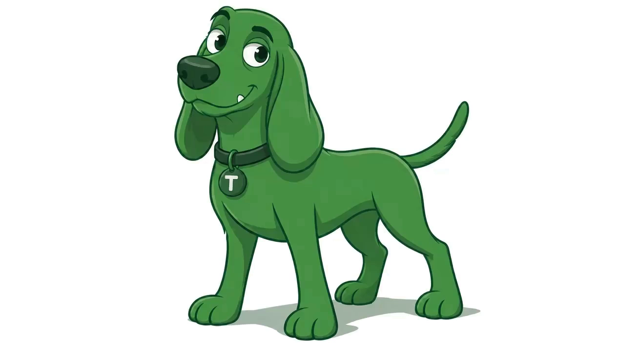 Trusty, the green cel-drawn hound, ready for an assignment.